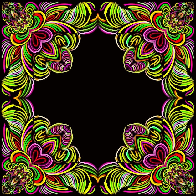 Foto marco multicolor sobre un elemento de decoración de adorno de fondo negro para adorno textil dibujado a mano