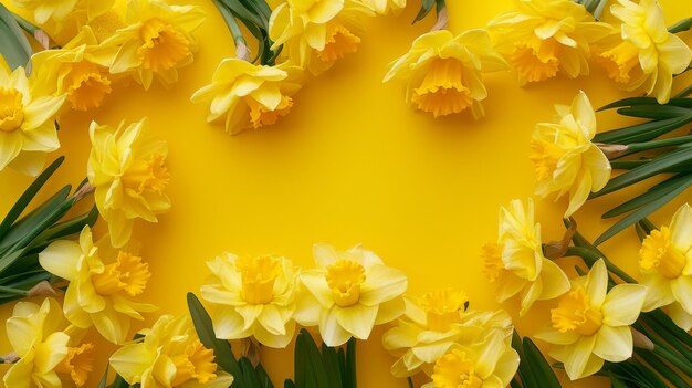 Foto marco de narciso amarillo sobre un fondo amarillo pascua 8 de marzo tarjeta de celebración del día de la madre