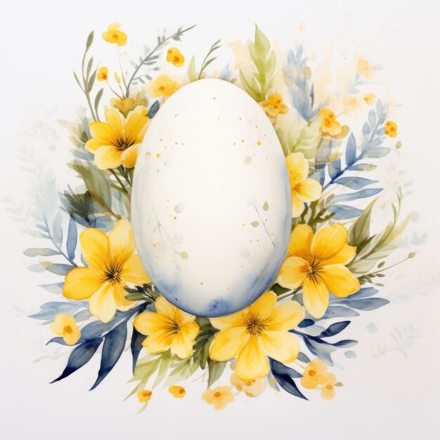 Marco navideño de acuarela hecho de huevos de Pascua amarillos con flores de primavera sobre fondo blanco Pascua