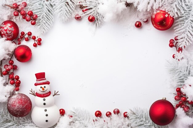 Marco navideño con bolas de vidrio de hombre de nieve, ramas de abeto y copos de nieve en un fondo nevado congelado