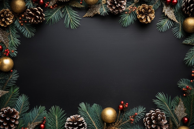 Marco navideño de decoraciones navideñas doradas y azules en tablero de tiza generado por IA