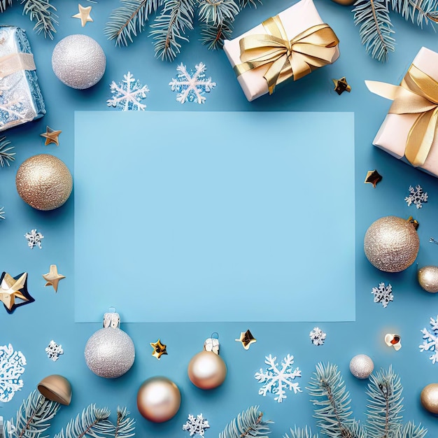 Marco navideño con fondo azul y un árbol de navidad y regalos.