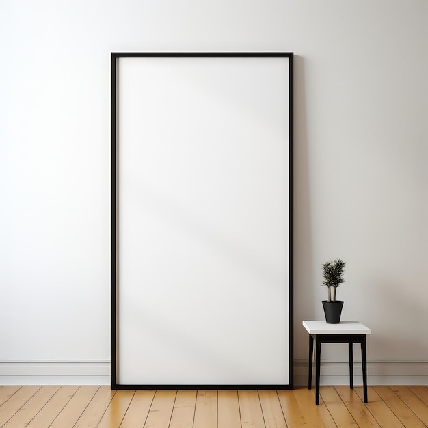 Marco negro en piso de madera estilo Mark Gertler con simplicidad minimalista de repuesto