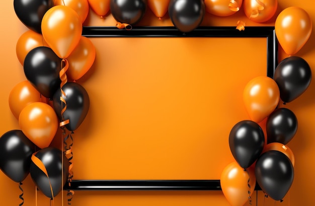 Foto marco negro vacío con globos en el estandarte de fondo naranja
