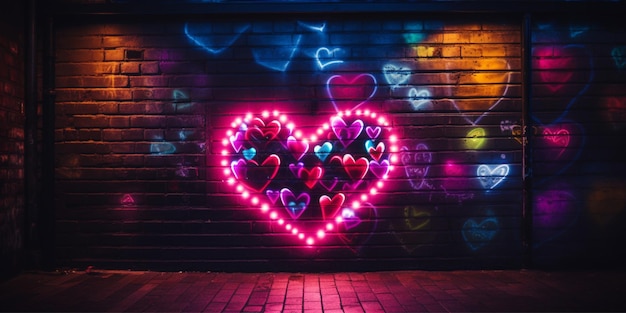 marco de neón con corazones en una pared de ladrillo graffiti luces de neón en el fondo fondo con neón
