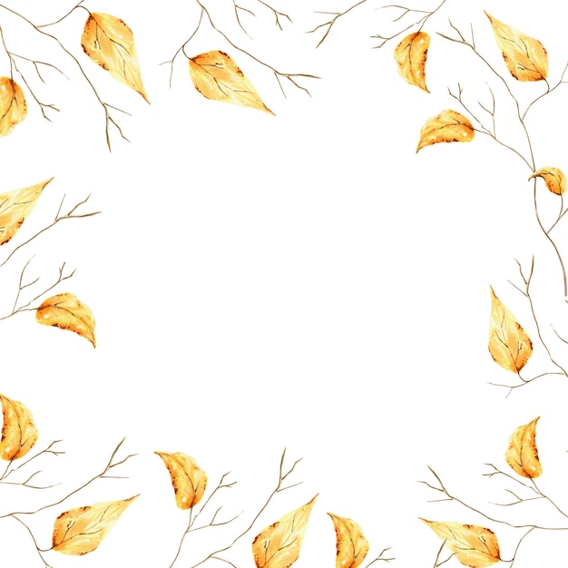 Marco de otoño acuarela con rama de árbol follaje dorado Dibujo de pintura a mano aislado en blanco ba