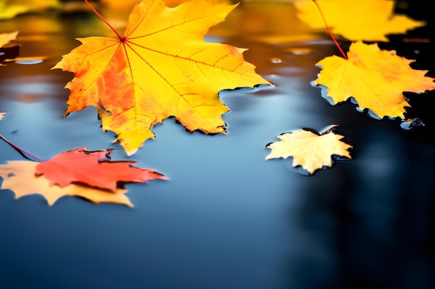 Marco de otoño de arte Hermosas hojas de arce amarillas de otoño en un charco de agua