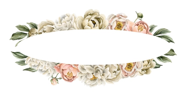 Marco oval horizontal de flores y hojas de peonía blanca Ilustración en acuarela aislada en blanco