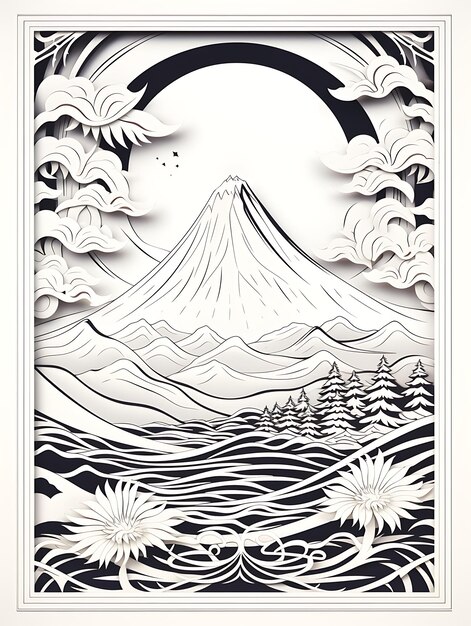 Foto marco de paisaje del monte fuji cortado con láser cnc capturando el icónico monte fuji i tatuaje con contorno plano