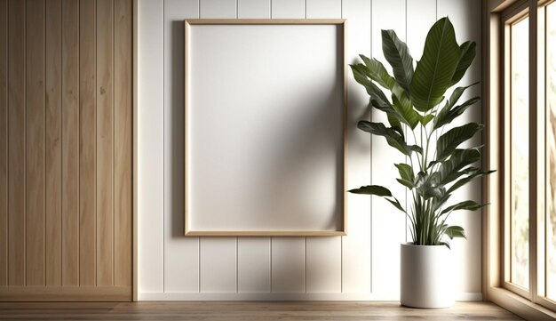 Un marco en una pared con una planta al lado.