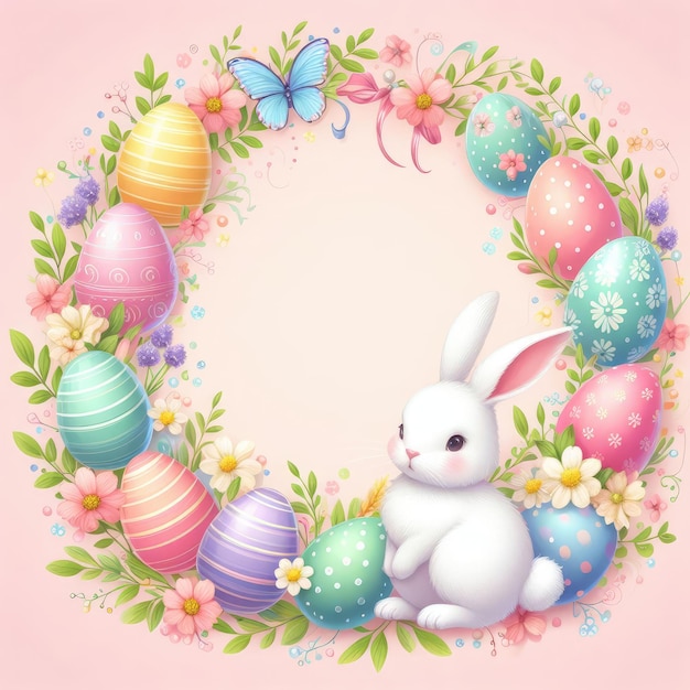 marco de Pascua con huevos de colores y flores