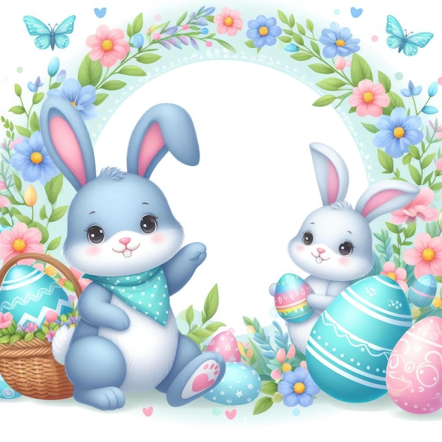 marco de Pascua con huevos de colores y flores