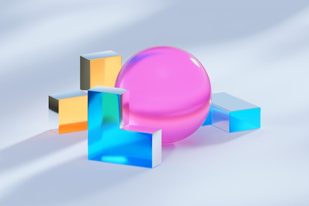 Marco de pedestal de soporte de producto alrededor de esferas voladoras bajo luz de neón azul y rosa Representación 3D del concepto de arte Vaporwave