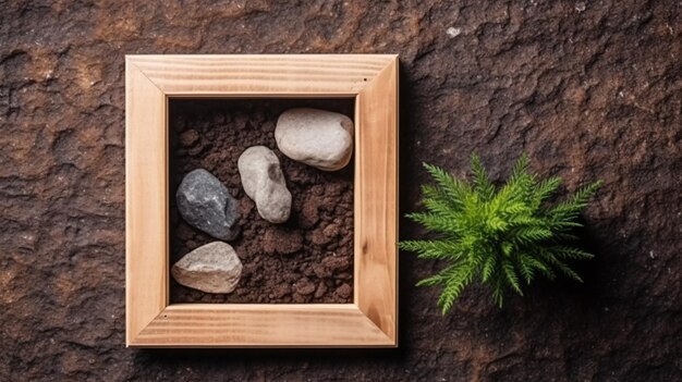 Un marco con piedras y una planta en el fondo.