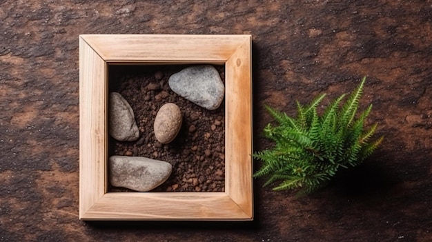 Un marco con piedras y una planta a un lado.