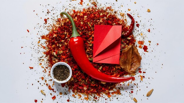 Foto marco de pimienta de cayena roja triturada, páprica de papel rojo, escamas de chile seco y semillas aisladas en un