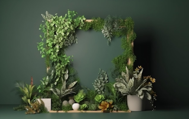 Un marco con plantas y un marco de fotos.