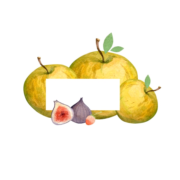 Foto marco de plantilla de acuarela con manzanas e higos plantilla con un campo para texto plantilla para invitaciones postales