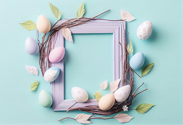 Marco de plumas de huevos de Pascua en un nido sobre un fondo de madera azul pastel El concepto mínimo Tarjeta de vista superior con una copia del lugar para el texto Ai generativo
