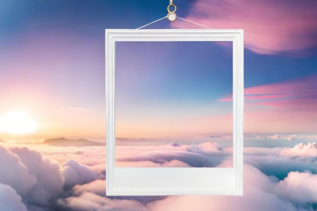 Foto un marco polaroid blanco prístino suspendido en el aire rodeado de un paisaje de ensueño surrealista
