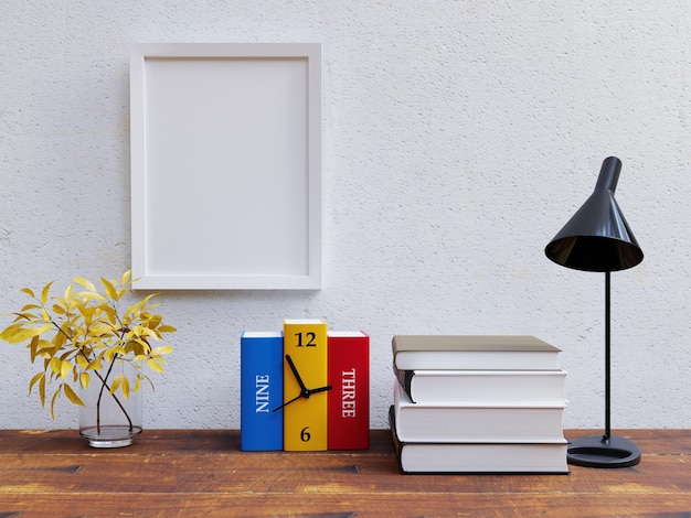 Foto marco de póster en blanco pegado a la pared blanca sobre la maqueta de la repisa de la mesa de estudio render 3d