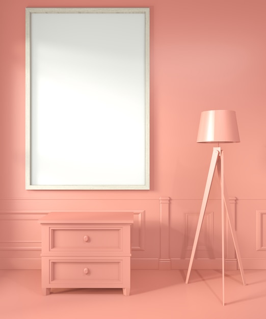 Marco de póster con gabinete y lámpara en sala de estar estilo coral renderizado 3d