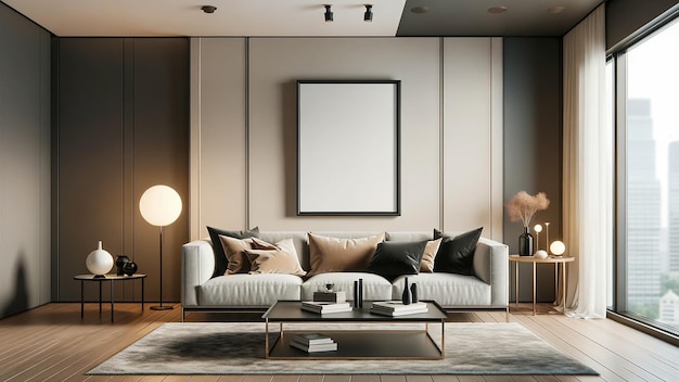 marco de póster de maqueta en blanco cuelga sobre una sala de estar moderna elegante y espacioso