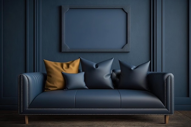 Marco de póster de maqueta en casa azul oscuro con sofá de cuero