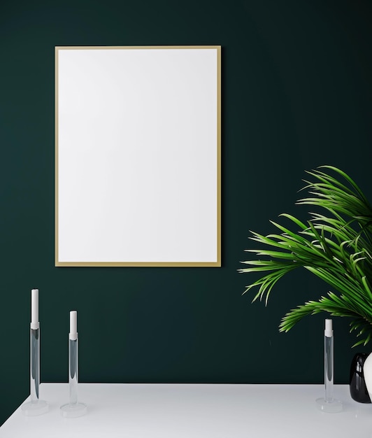 Marco de póster de maqueta en fondo interior verde moderno con renderizado 3d de plantas y decoración