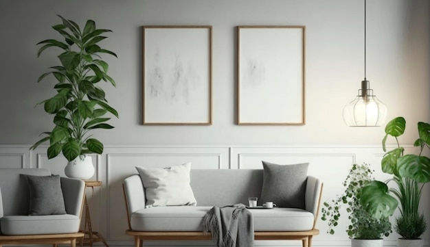 Marco de póster de maqueta en la pared de la sala de estar Fondo de apartamento de lujo con diseño contemporáneo Diseño de interiores moderno Ilustración 3D de renderizado 3D Generar Ai