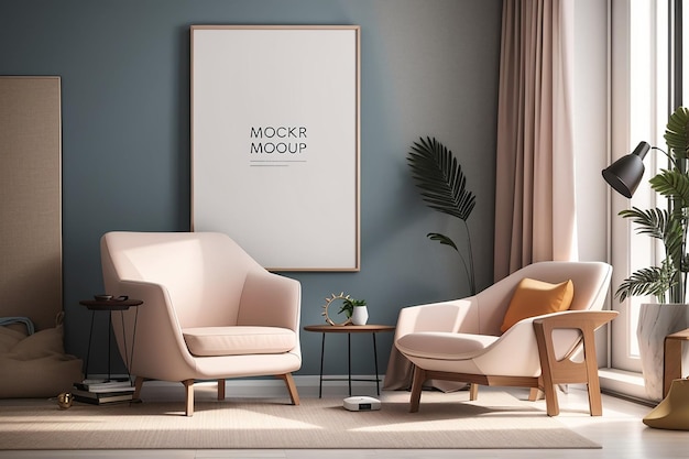 Marco de póster simulado en un fondo interior moderno con sillón y accesorios en la habitación