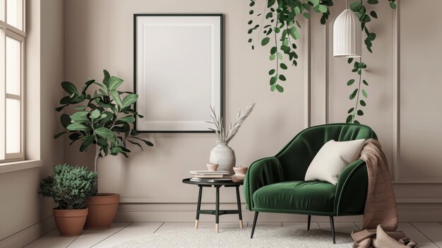 Marco de póster simulado en un fondo interior moderno con sillón verde y accesorios en la habitación