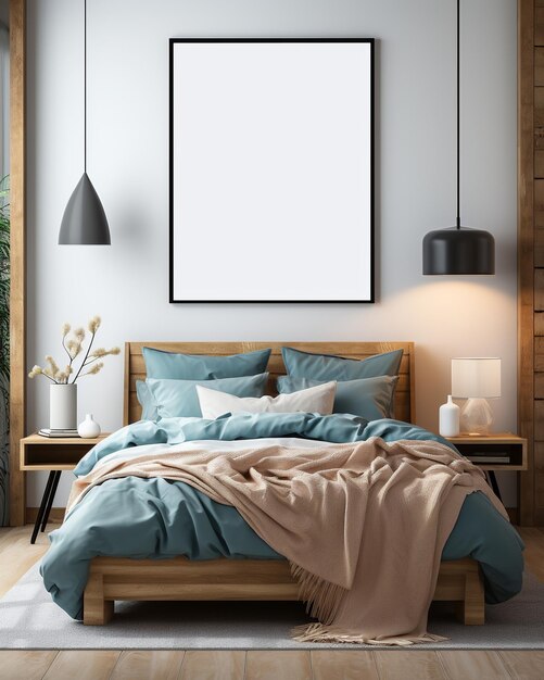 Un marco de póster vacío en el dormitorio en estilo ecléctico.