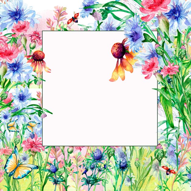 Marco con pradera coloridas flores ilustración acuarela aislado