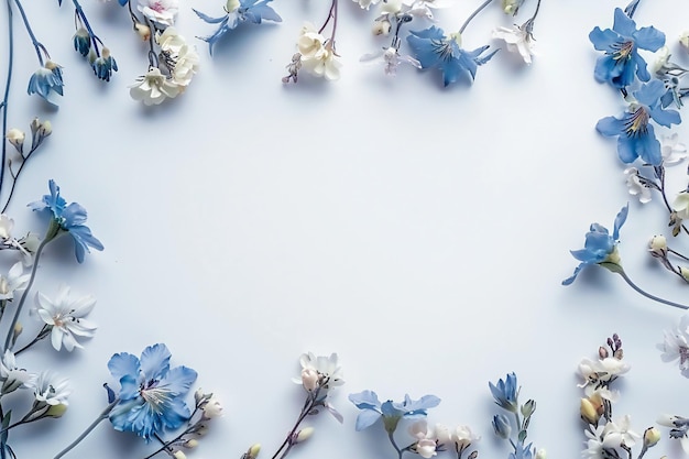 Foto marco de primavera azul suave y vacío con flores aisladas sobre un fondo blanco