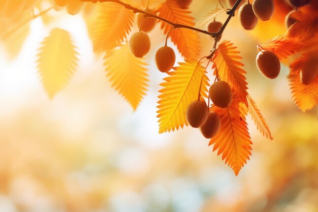 marco de rama de hoja de castaño de color otoño en un fondo borroso brillante