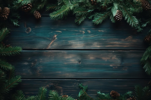 Marco de ramas de árbol de Navidad en fondo de madera verde estandarte de maqueta de Navidad