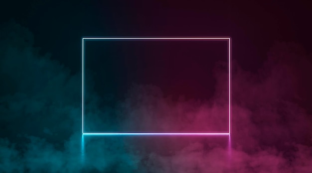 El marco rectangular brillante de neón de colores se mantiene en el efecto de niebla de la oscuridad