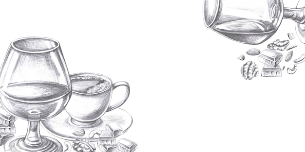 Marco rectangular con copas de coñac y café Ilustración de lápiz aislado para carteles
