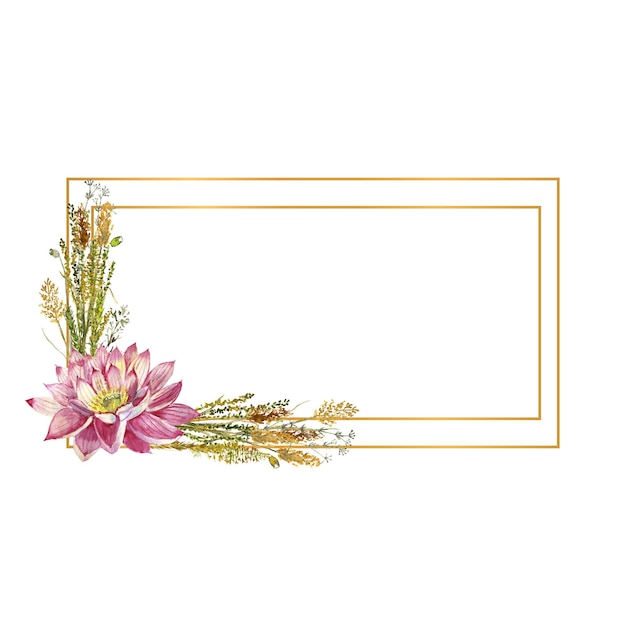 Un marco rectangular con flores de lirios acuáticos y hierbas silvestres Ilustración en acuarela sobre un fondo blanco