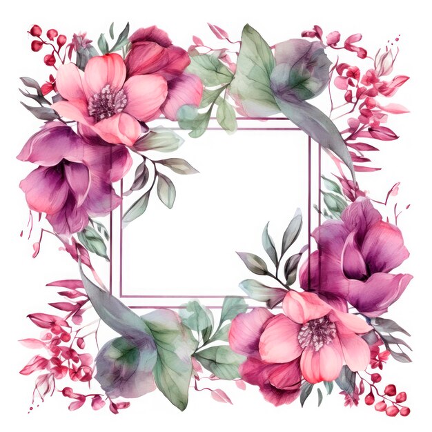 Foto marco rectangular de rosas y otras flores ilustración botánica en acuarela