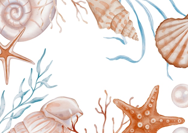 Marco rectangular subacuático con corales, algas y conchas marinas Ilustración de acuarela dibujada a mano en fondo blanco aislado para diseño de mar o verano en estilo náutico en colores coral y azul