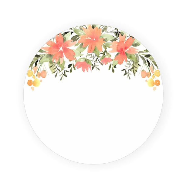 Marco redondo de acuarela floral con flores amarillas naranjas y vegetación con sombra alrededor dibujado a mano