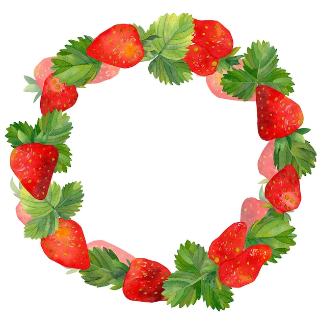 Marco redondo de acuarela con fresas Marco verde con ramas de fresas resaltadas