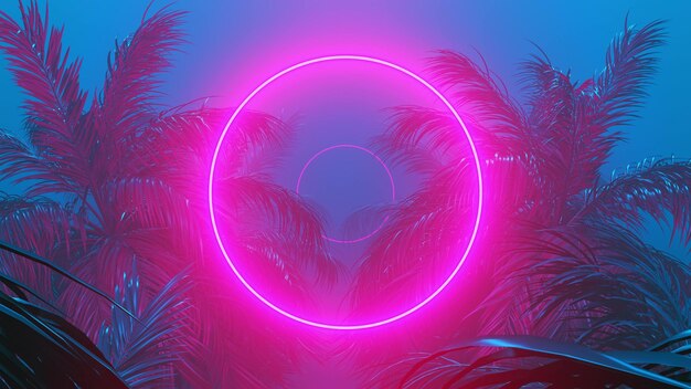 El marco redondo brillante de neón aparece en la palmera tropical en estilo retrowave