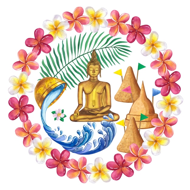 Marco redondo Festival del agua de Songkran Día de Tailandia Buda Acuarela dibujada a mano