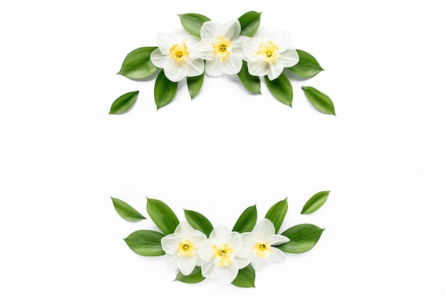 Marco redondo con flores blancas narcisos manzanilla brotes ramas y hojas aisladas sobre fondo blanco vista plana superior