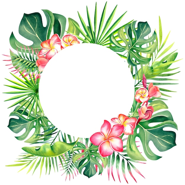 Marco redondo hecho de hojas de palma PlumeriaTropical Hojas tropicales Estado de ánimo de verano Ilustración acuarela