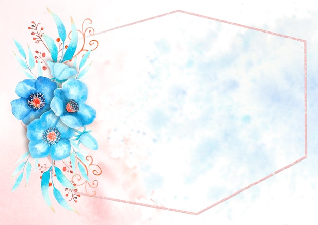 Marco romántico con flores de eléboro azul, brotes, hojas, ramitas decorativas sobre un fondo de acuarela. Ilustración acuarela, hecha a mano.
