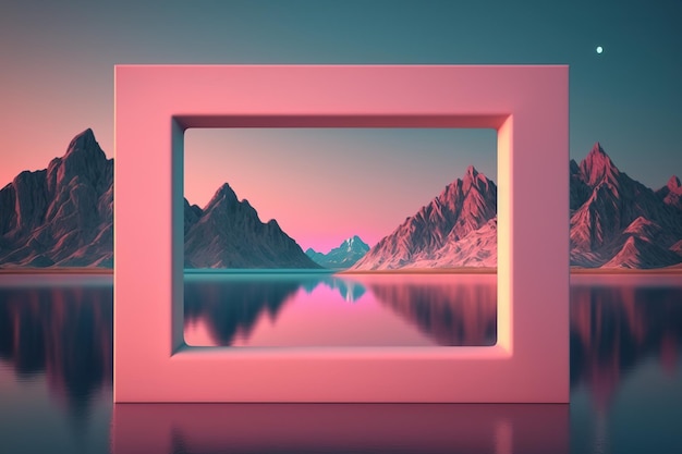 Un marco rosa con montañas al fondo.